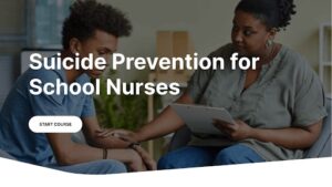 A school nurse sitting down completing an intake form with a male student sitting in front of her